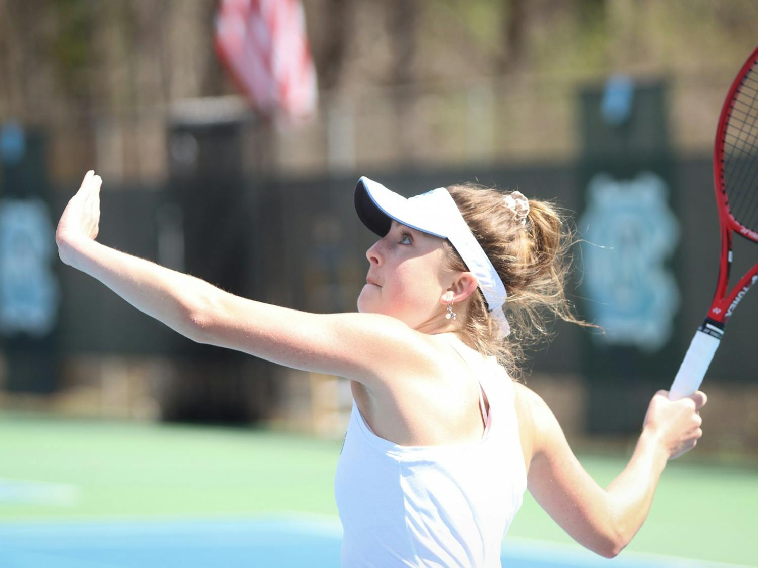 DTH File. Sophomore Fiona Crawley looks to return a volley during her singles match versus Boston College on Sunday, March 20, 2022.&nbsp;