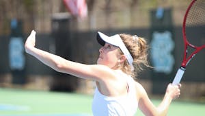 Then sophomore Fiona Crawley looks to return a volley during her singles match versus Boston College on Sunday, March 20, 2022.&nbsp;
