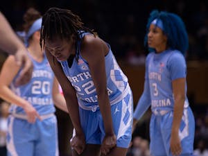 UNC senior guard Shayla Bennett (22) prepares for a free throw during the game against Duke on Thursday, Feb. 6, 2020 at Cameron Indoor Stadium. UNC fell to Duke 61-71.