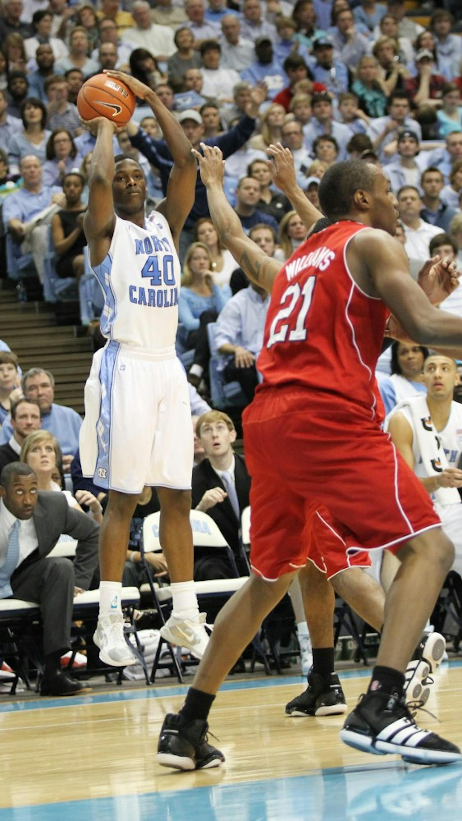Harrison Barnes with a jump shot to expand Carolina's lead on Saturday.  