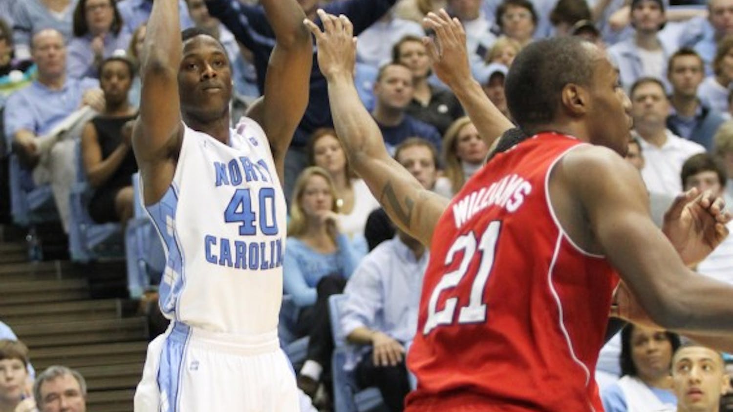 Harrison Barnes with a jump shot to expand Carolina's lead on Saturday.  