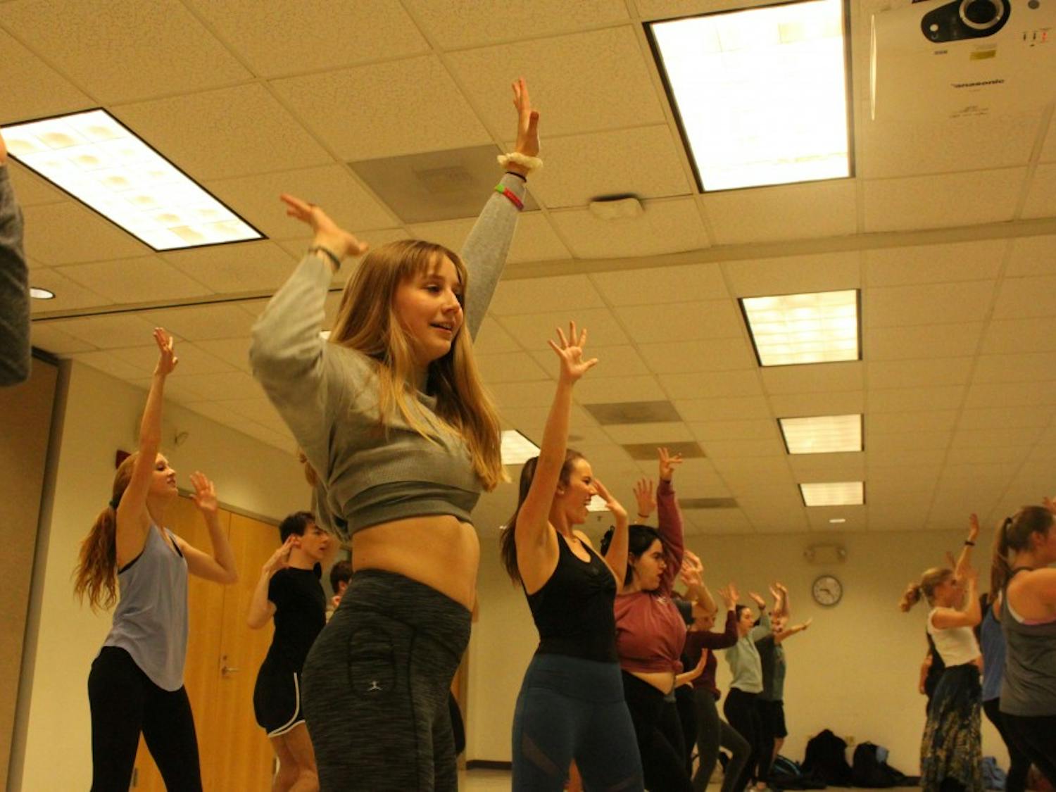 Students rehearse choreography to Voulez-Vous by Abba at the Mamma Mia auditions in the Student Union on Thursday, Jan. 10, 2019.