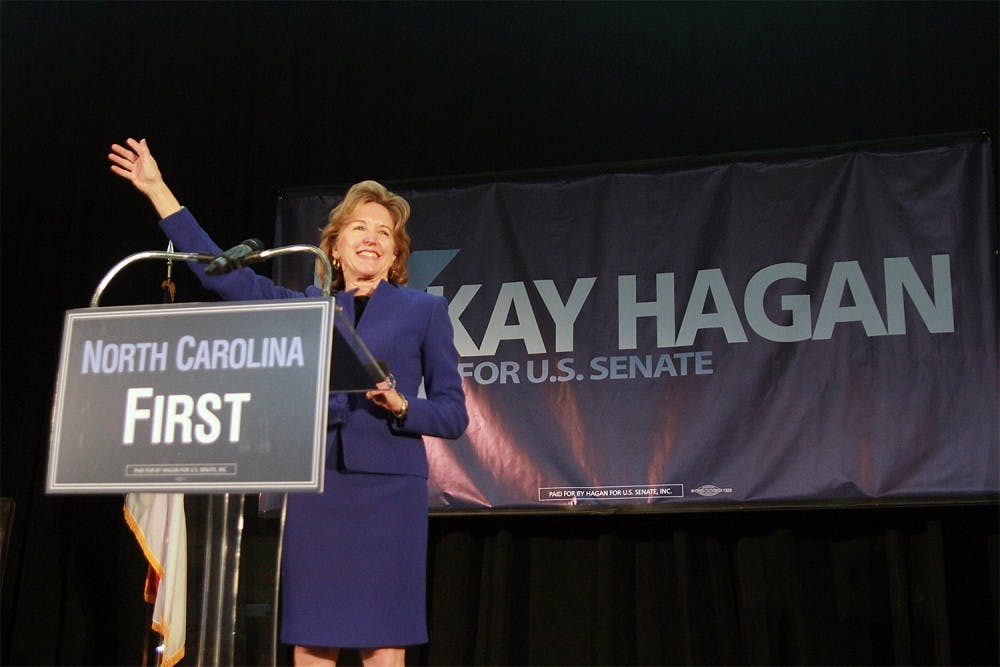 Sen. Kay Hagan waves to the crowd.