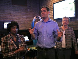 (From left) Valerie P. Foushee, Graig Meyer and Verla Insko speak to the audience at Orange County's Democratic Party's election party at Might as Well in Chapel Hill in November 2018.&nbsp;