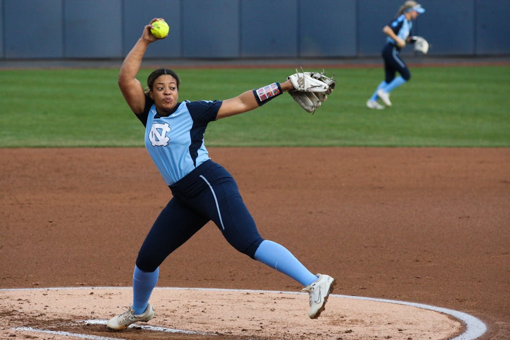 Senior Hannah George (42) pitches during the UNC women's softball game against North Carolina A&T at Anderson Softball Stadium on February 23, 2022.