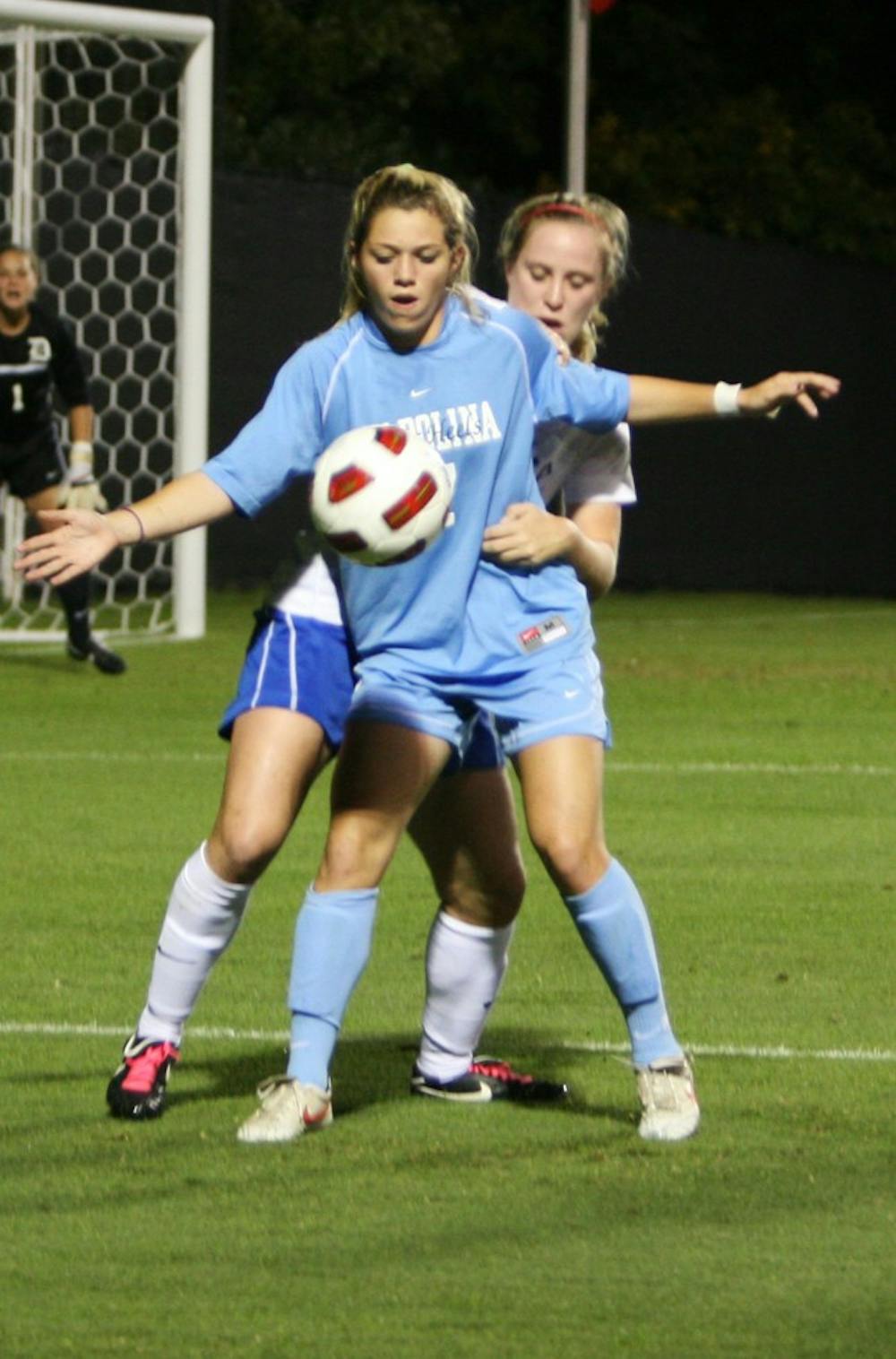 Kealia Ohai squares up in front of a defender in UNC’s 5-3 win against Duke on Thursday. Ohai scored her 12th goal of the season in the win.