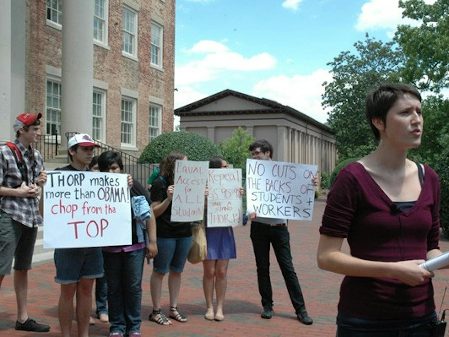 Sophomore Laurel Ashton, right, speaks to News 14 Carolina outside Chancellor Holden Thorp’s office Monday afternoon. 