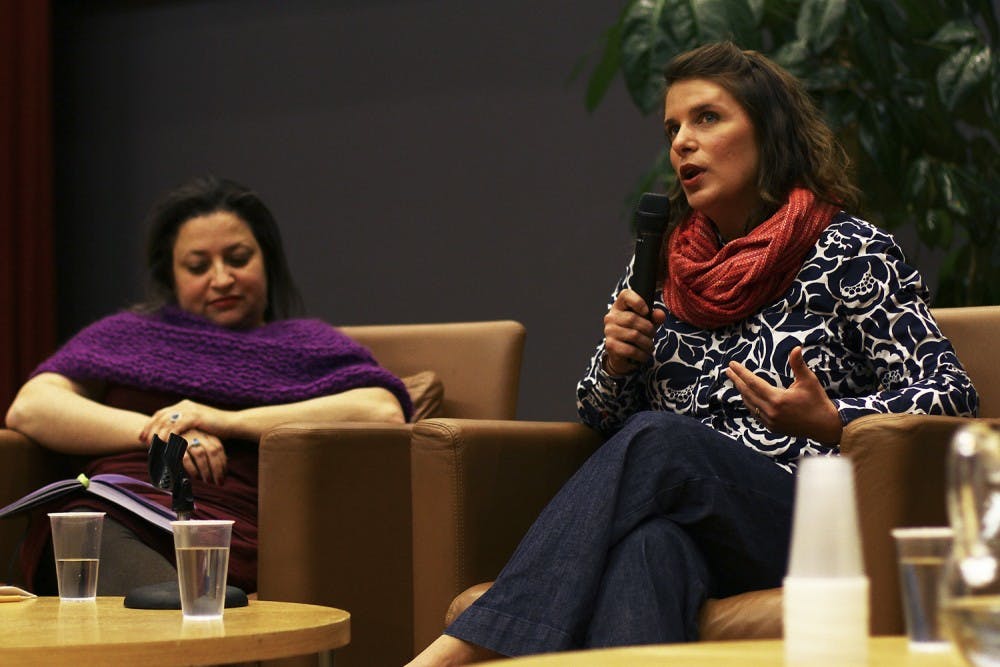 Vivian Howard (right), star and producer of A Chef's Life on PBS, speaks Saturday night during the keynote panel at the State of the Plate conference. The show chronicles Chef & The Farmer, a restaurant Howard and husband Ben Knight own in Kinston, NC.