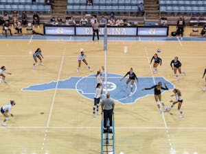 The UNC Tar Heels and Duke Blue Devils play in Carmichael Arena on Oct. 9, 2020. The Tar Heels beat the Blue Devils 3-1.