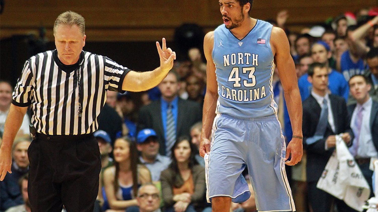 	James Michael McAdoo reacts to picking up a foul. McAdoo had foul trouble early in the game, and ended with four personal fouls.