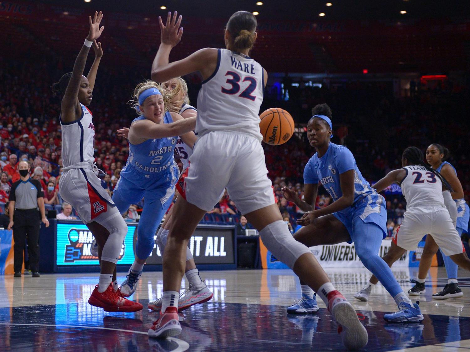 UNC senior Guard Carlie Littfield (2) passes the ball during the second round of the NCAA Tournament against University of Arizona in Tucson, Arizona, on Saturday, March 21, 2022. Carolina won 63-45 to proceed to Sweet 16 round.