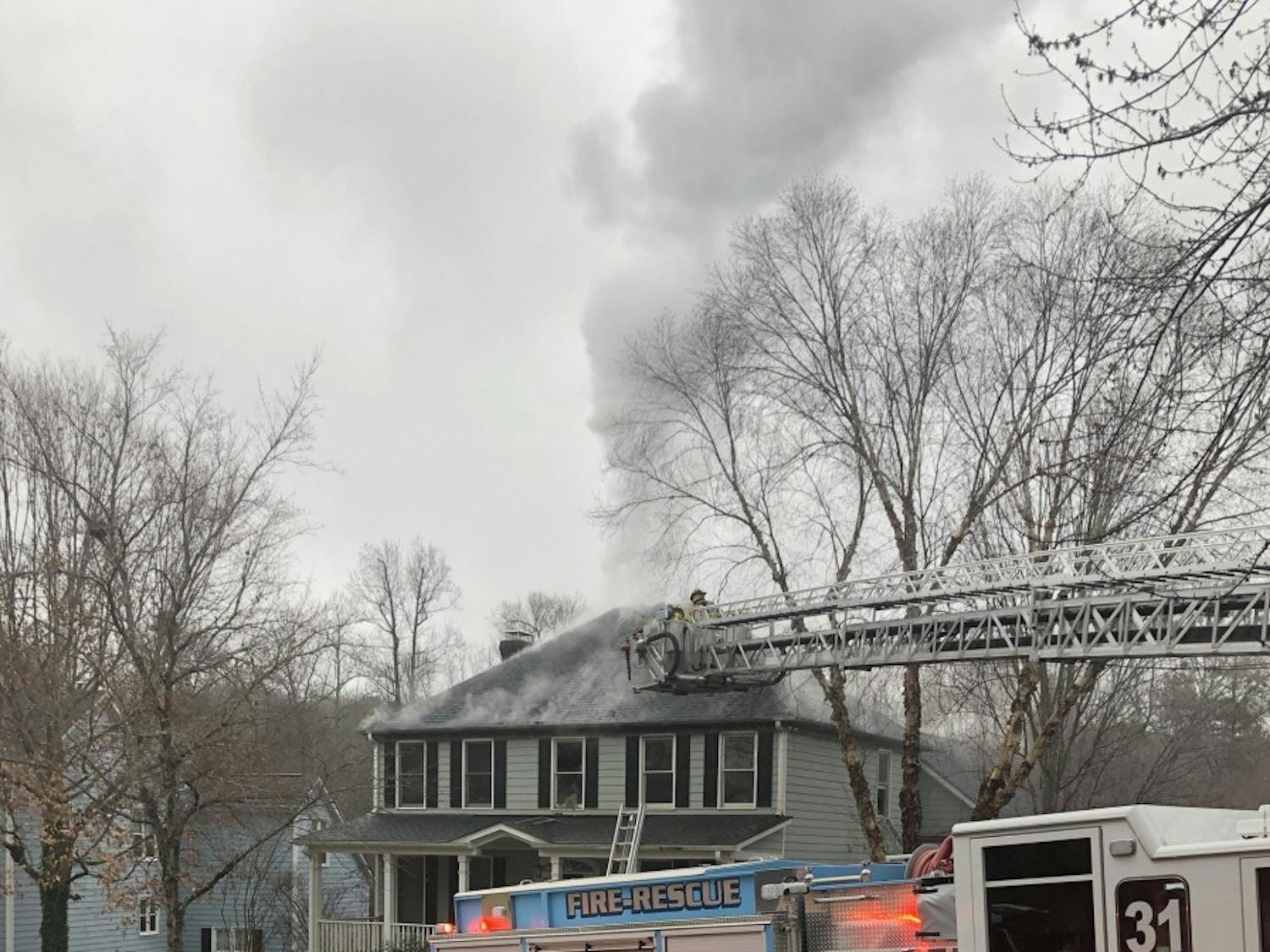 The Chapel Hill Fire Department responded to the report of a structure fire in the attic of 111 Parkside Circle in Southern Village at 3:04 p.m. Sunday, Feb. 17, 2019. 
Photo by @krgpryal via Twitter