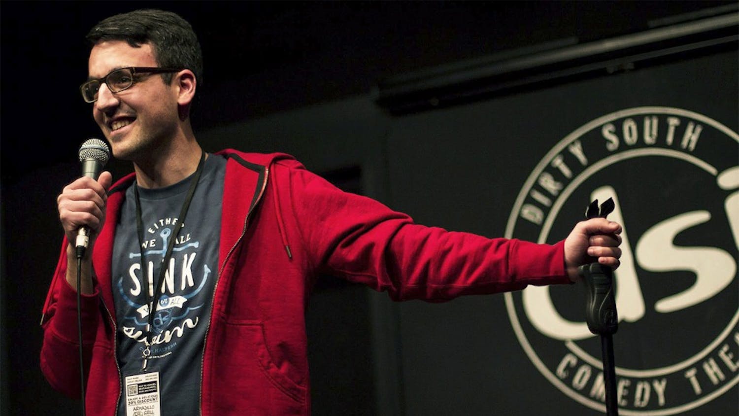 Andrew Aghapour, a Ph.D. student and stand-up writing workshop teacher, performs at N.C. Comedy Arts Festival on Feb. 5, 2015. Courtesy of Ryan Kelly Coil.