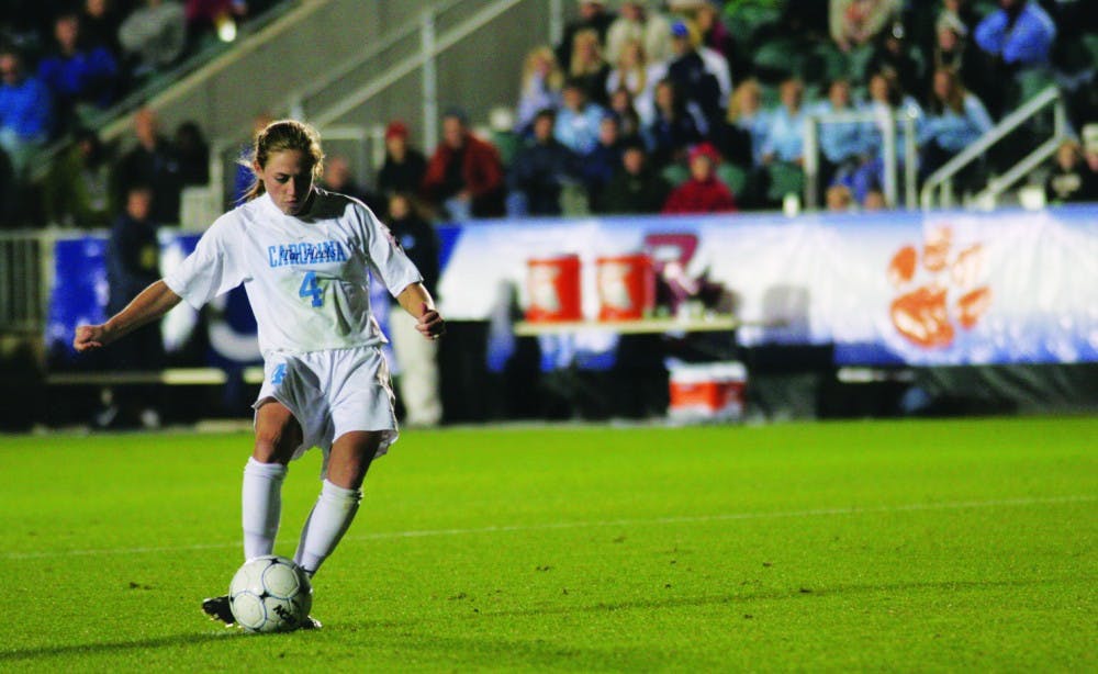 Meghan Klingenberg lines up a penalty kick that ultimately hit the post in UNC’s 5-4 shoot-out loss to Wake Forest in the ACC Tournament semifinals. Klingenberg had the equalizing goal for the Tar Heels with less than three minutes left. It is the first time in the history of the tournament that UNC has not reached the final.