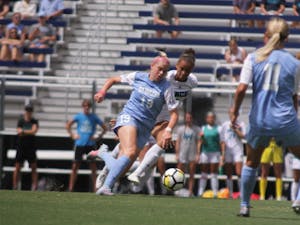 UNC forward Alessia Russo (19) fights for control over the ball against UNC-Wilmington on Sept. 3.&nbsp;