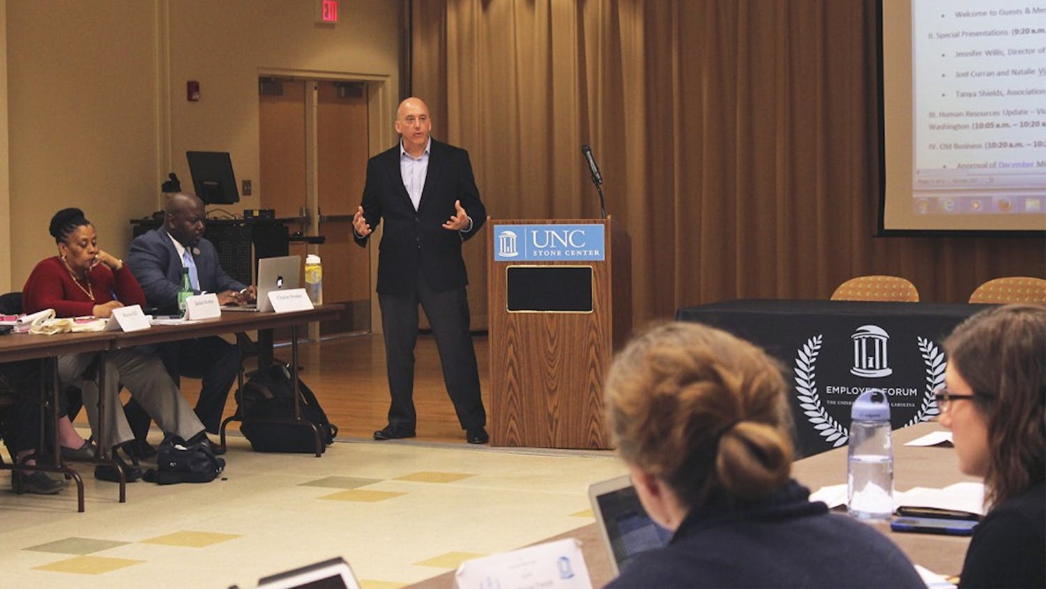 Joel Curran, the Vice Chancellor of Communications and Public Affairs, gave a special presentation at the Employee Forum at the Sonja H. Stone Center on Wednesday. 