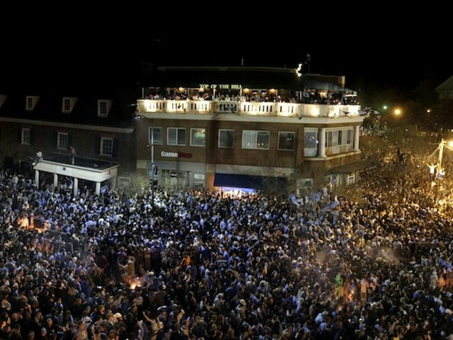 Franklin Street in Chapel Hill erupts as thousands of Tar Heel fans celebrate UNC's 89-72 victory over Michigan State in the 2009 NCAA men's basketball championship