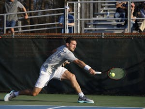 UNC men's tennis junior William Blumberg returns the ball during a singles match against NC State on Wednesday April 3, 2019. UNC beat NC State 4-0.&nbsp;