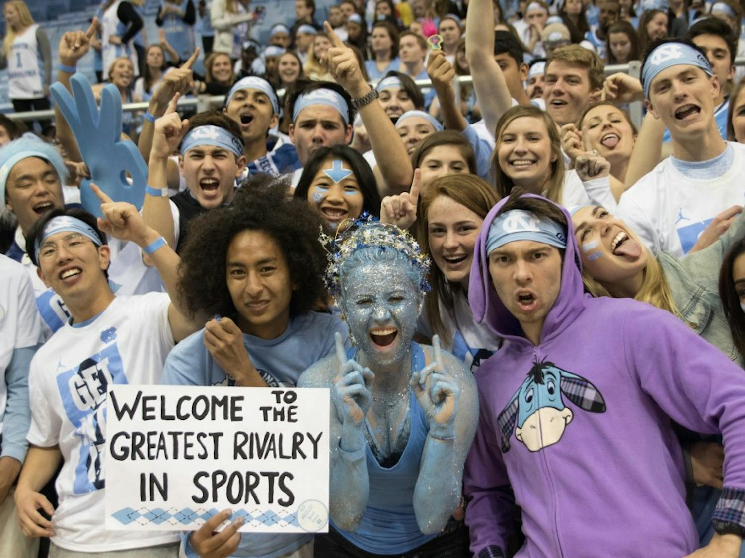 Students cheer on the UNC men’s basketball team from the risers in the Smith Center during the game against Duke on March 4, 2017.