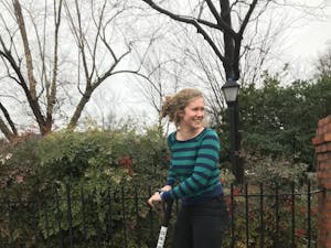 College student Julia Stevens uses a Bird Scooter in downtown Raleigh. 