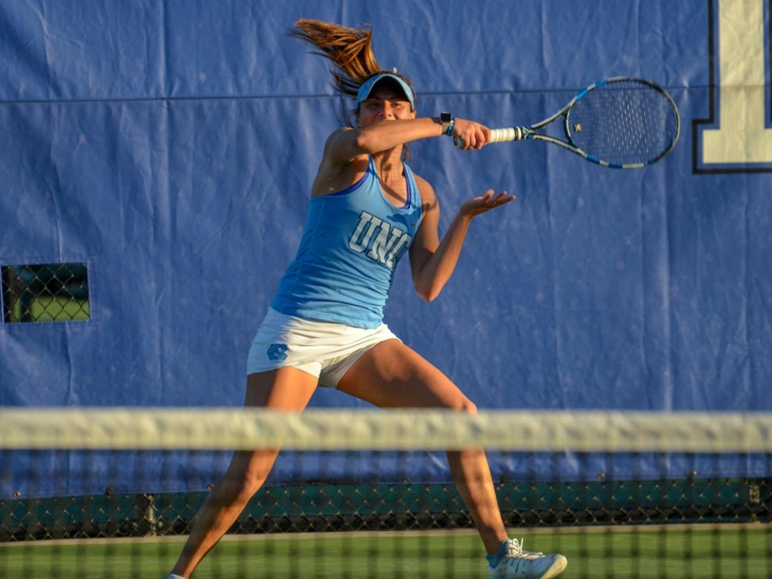 Sophomore Alexa Graham returns a serve against Duke on April 20 at the Ambler Tennis Center &nbsp;in Durham.