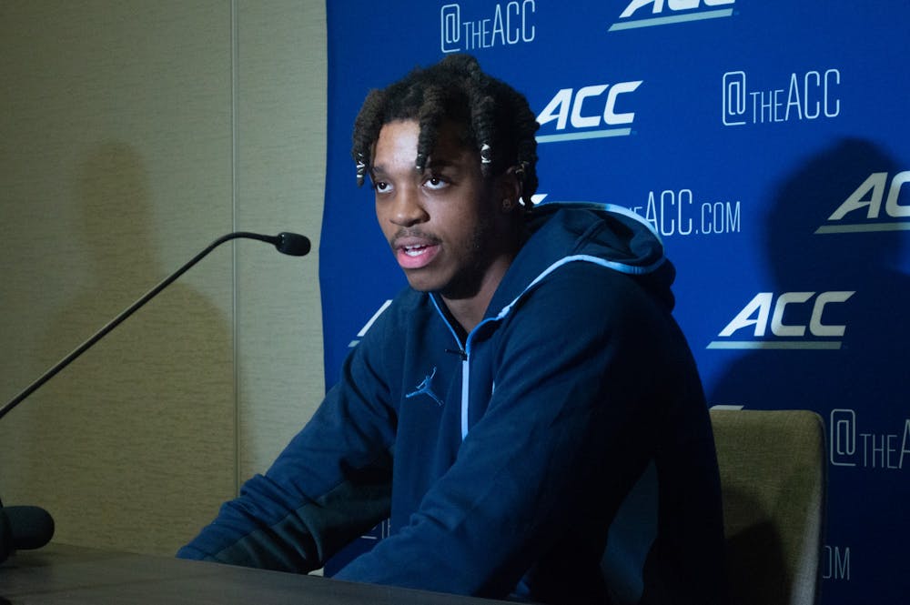 UNC junior forward/center Armando Bacot speaks to the media at the 2021 ACC Men's Basketball Tipoff in Charlotte, NC on Oct. 12.