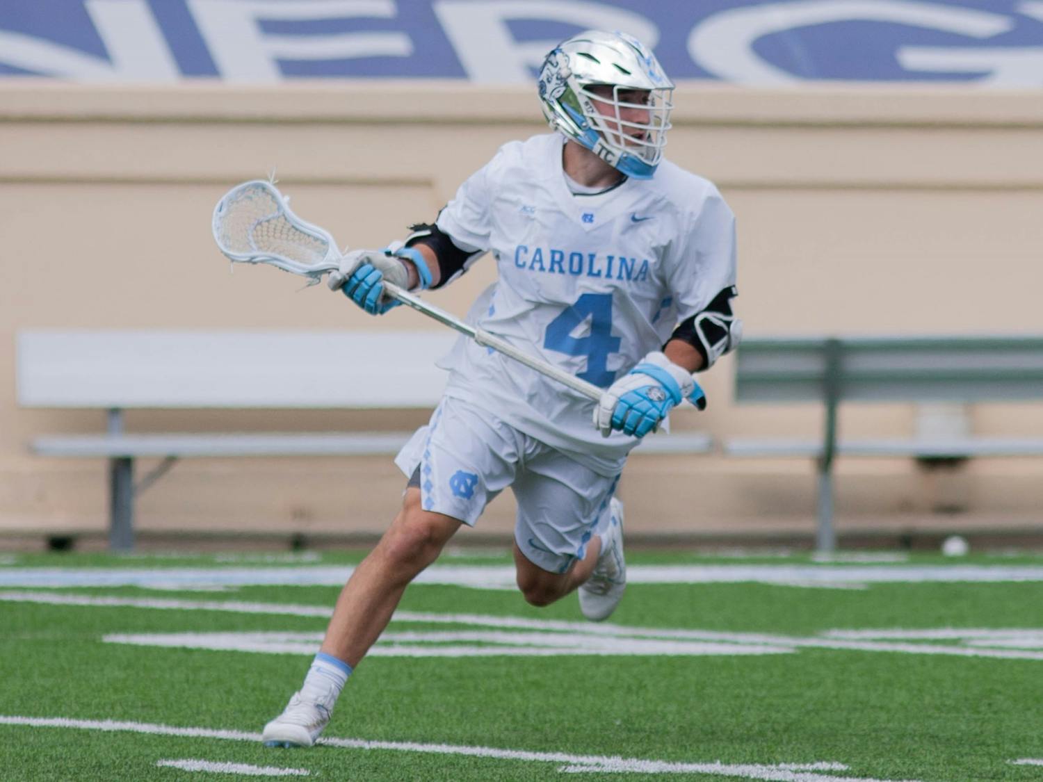 UNC senior attackman Chris Gray (4) prepares to catch the ball during the game against Notre Dame on April 25, 2021 at Kenan Stadium. The Tar Heels' defeated the Fighting Irish 12-10.