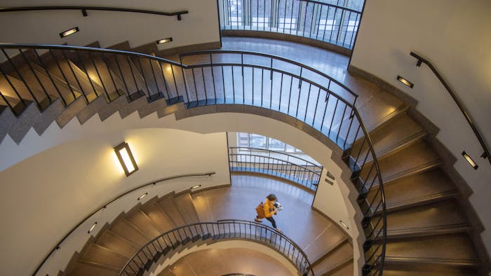 A peek down the spiral staircase of Koury Auditorium in the Kenan-Flagler Business School.