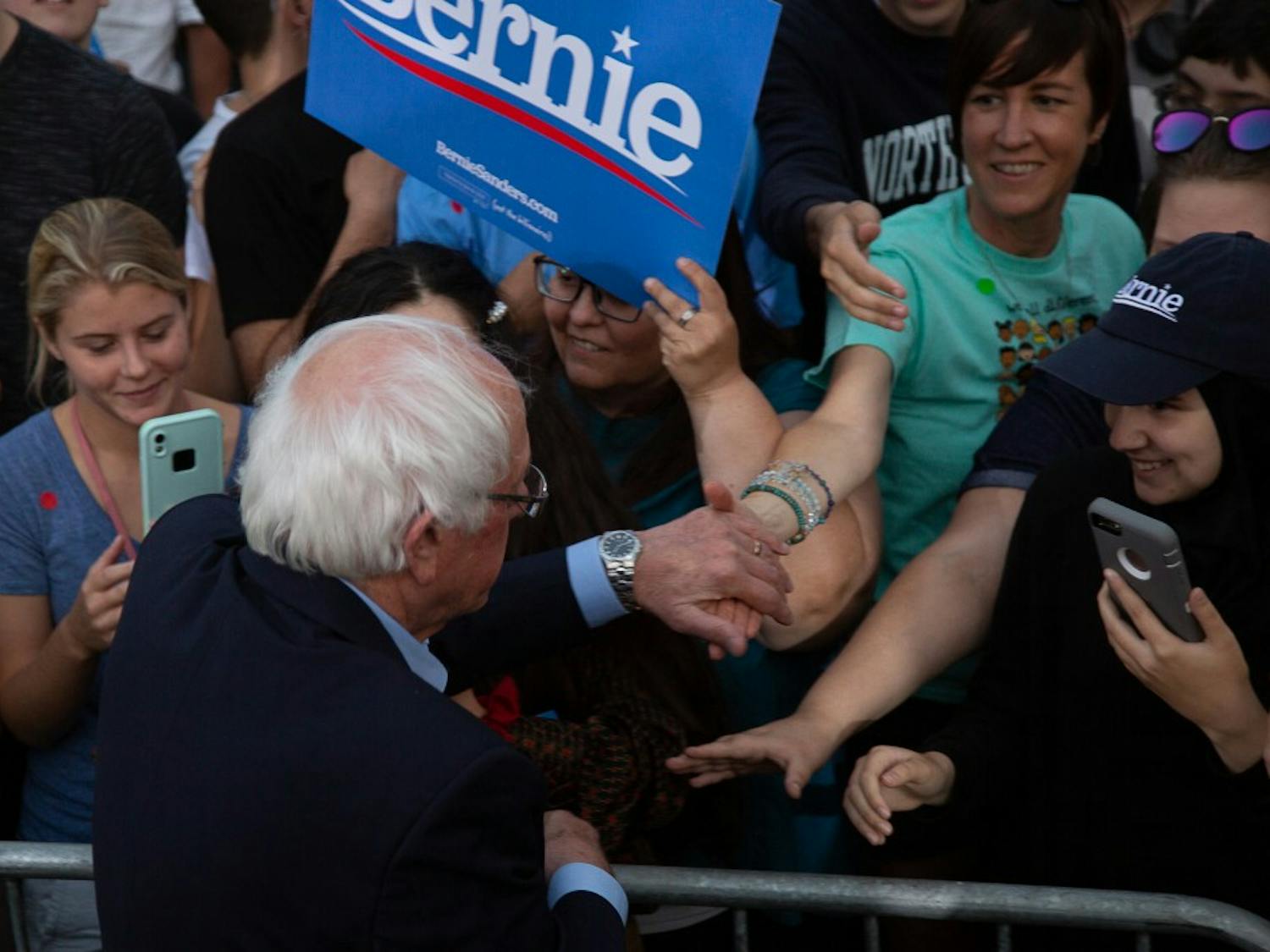 Senator Bernie Sanders meets with crowd after speaking at the Bell Tower Amphitheatre on Thursday, Sept. 19, 2019. &nbsp;