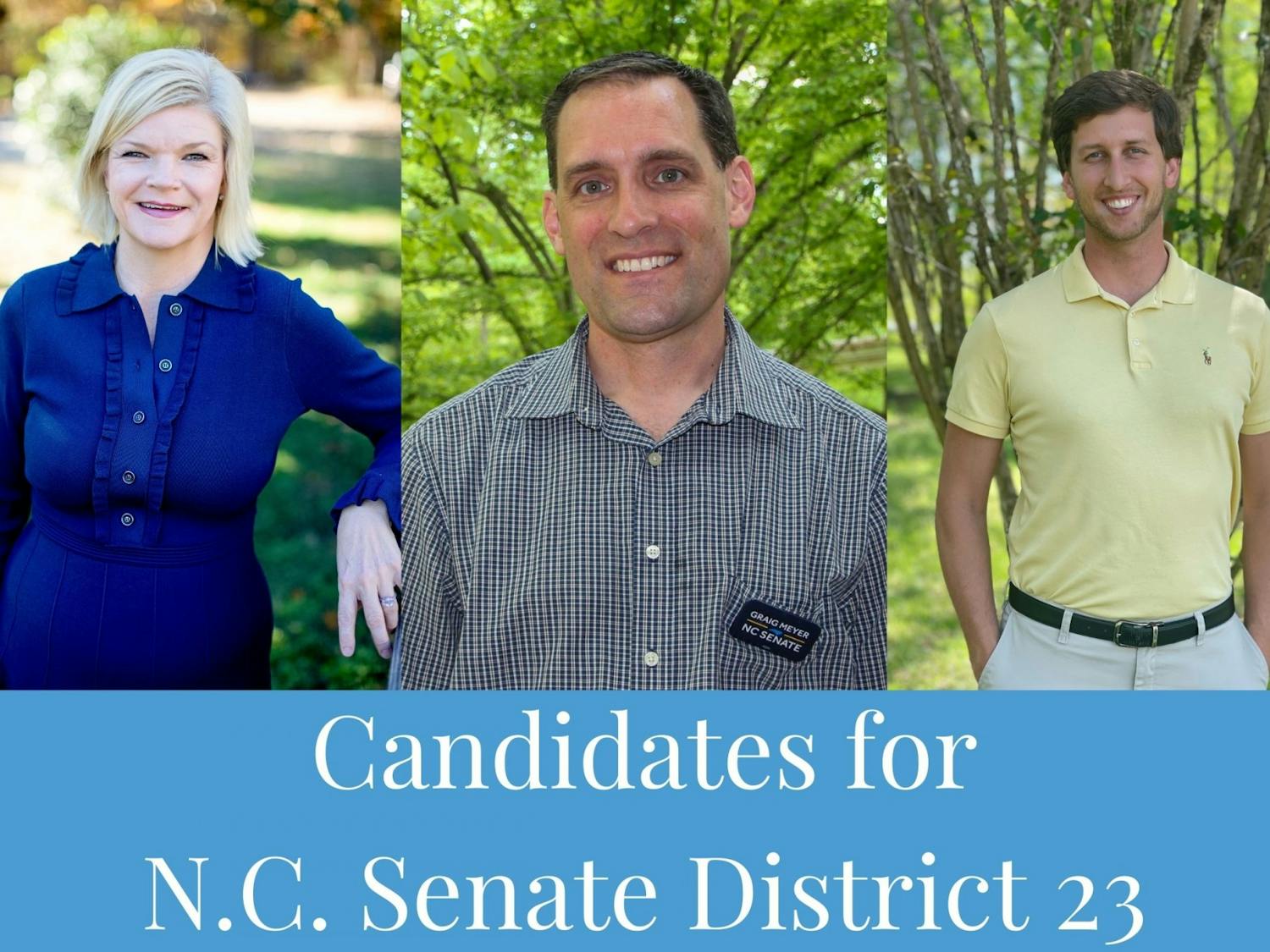 The four candidates for N.C. Senate District 23 include Democrats Jamie DeMent Holcomb and N.C. Rep. Graig Meyer, D-Caswell, Orange, and Republican Landon Woods. Bill Cooke, another Republican nominee, did not respond to The Daily Tar Heel's request for a photo. Photos courtesy of Dement Holcomb and Woods and by DTH/Saurya Acharya.