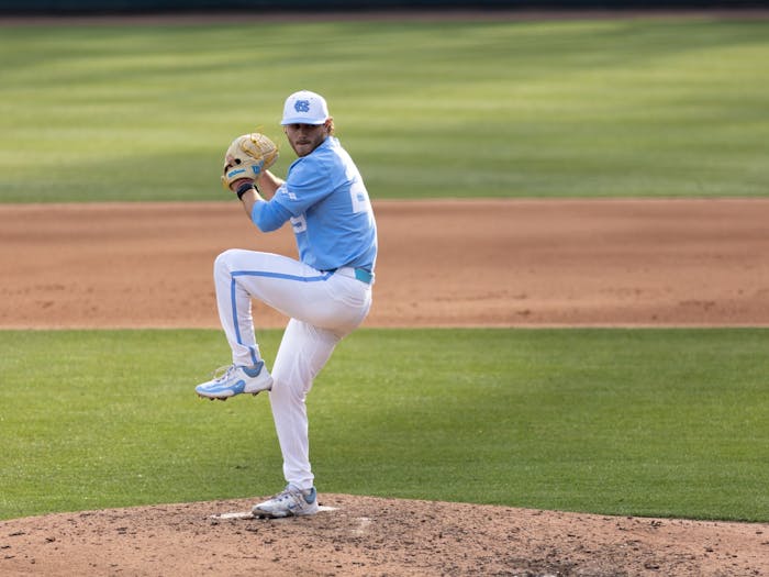 UNC graduate student Kevin Eaise (29) winds up during the baseball game against N.C. A&amp;T on Tuesday, March 21, 2023, at Boshamer Stadium in Chapel Hill, North Carolina. UNC beat N.C. A&amp;T 6-4.