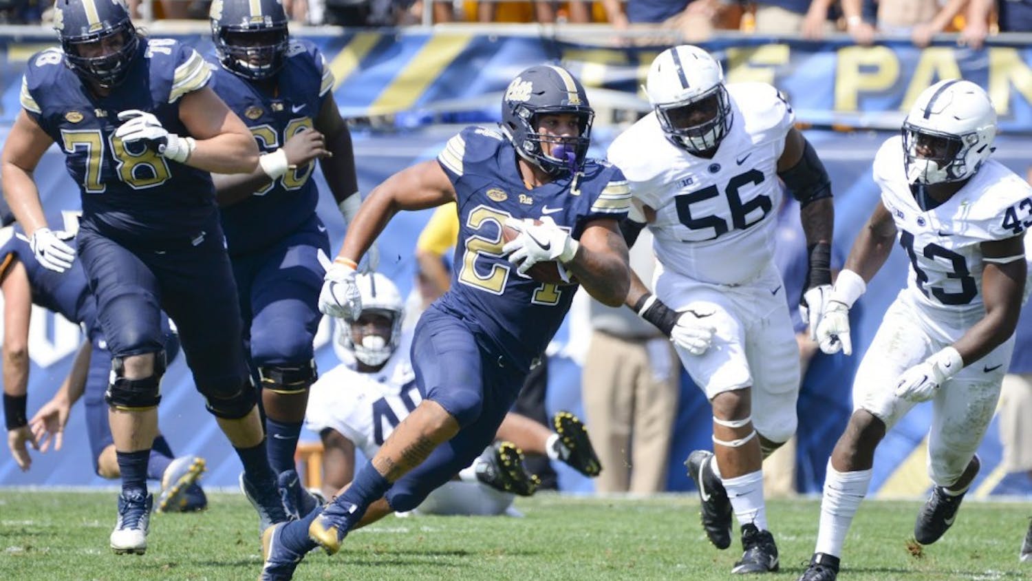 James Conner (27) drives downfield with the ball.&nbsp;Photo courtesy of&nbsp;Jeff Ahearn/The Pitt News.&nbsp;