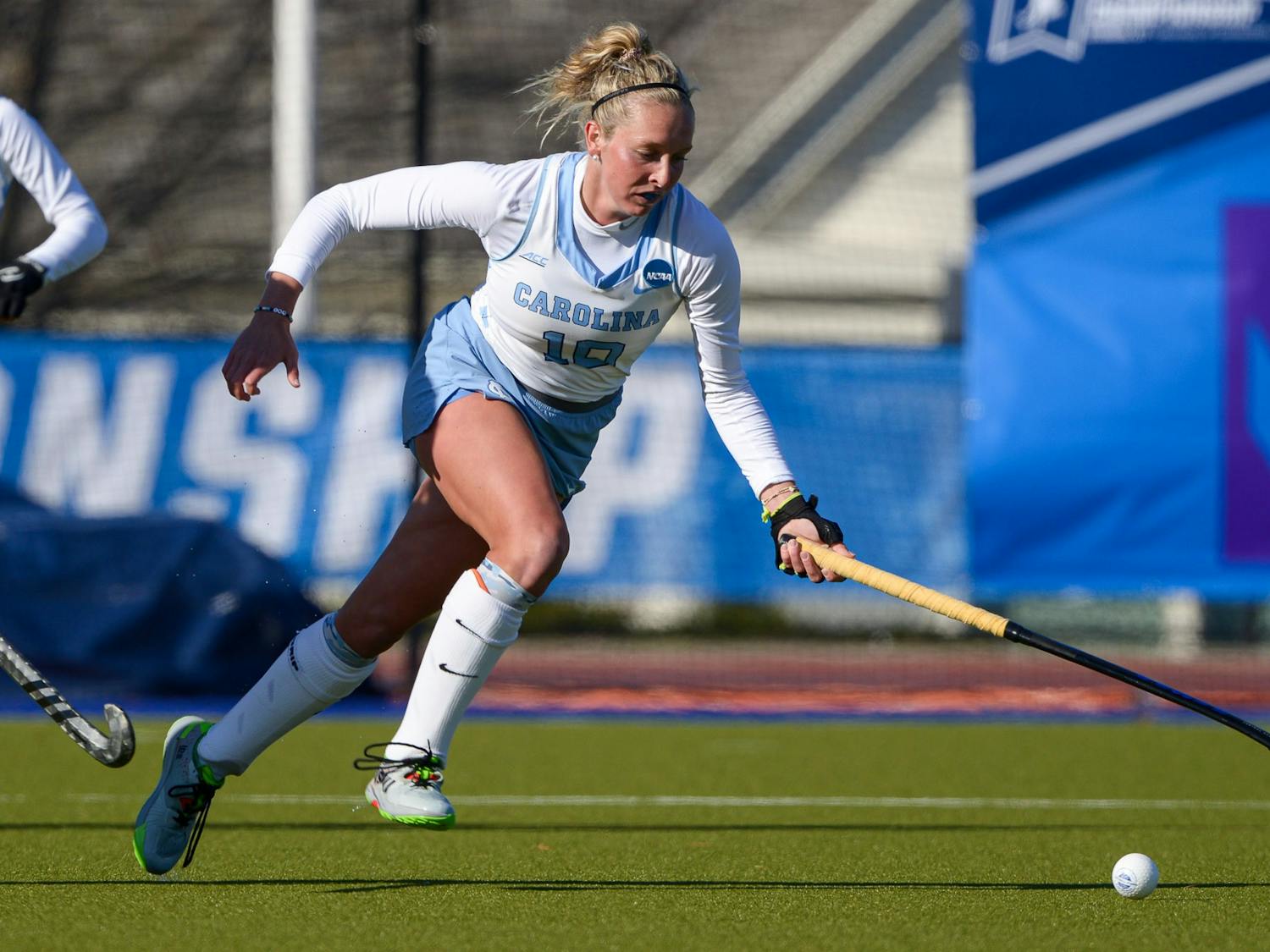 UNC senior forward Paityn Wirth (10) drives the ball during the second quarter of the field hockey game against Penn State on Friday, Nov. 18, 2022, at the George J. Sherman Sports Complex in Storrs, Conn. UNC beat Penn State 3-0.