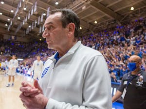 Head coach of the Duke Men's Basketball team Mike Krzyzewski enters the court for his last game in Cameron Indoor Stadium against North Carolina on March 5, 2022. UNC won 94-81.