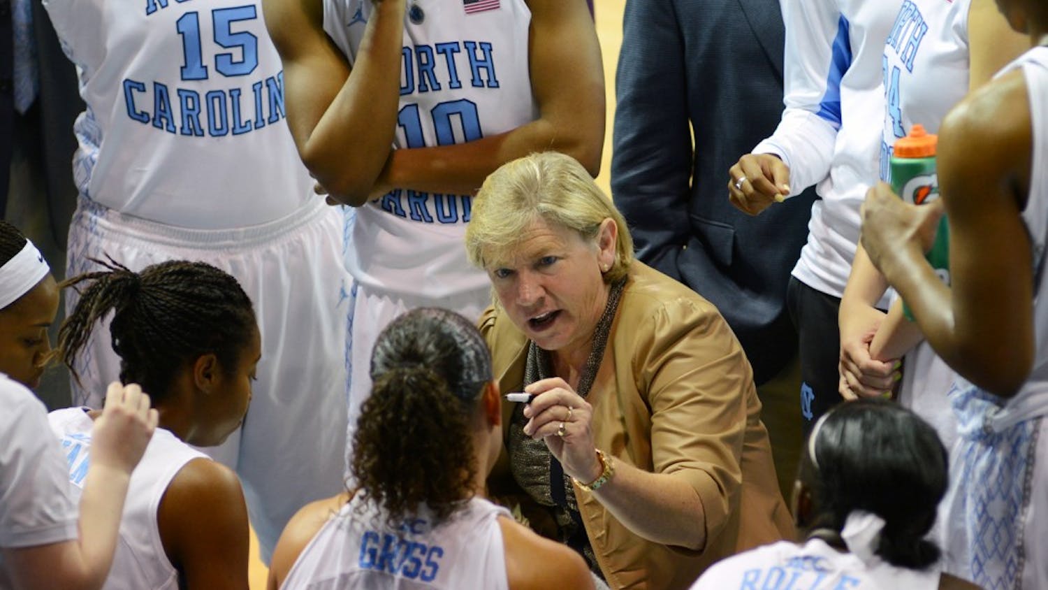 UNC Head Coach Sylvia Hatchell talks to her players during a time-out against Radford on December 5th, 2012 at Carmichael Arena in Chapel Hill, North Carolina. 