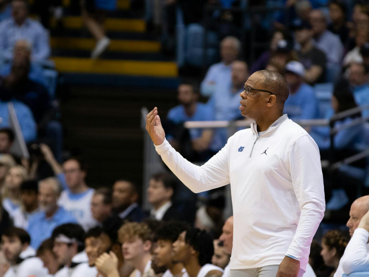UNC head coach Hubert Davis coaches from the sideline during the men's basketball game on Sunday, Nov. 20, 2022, at the Dean Smith Center. UNC beat JMU 80-64.