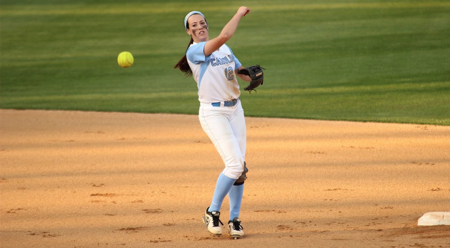 UNC Woman's Softball team lost to Notre Dame 0-8 on Wednesday April 9 for the first of the double-headers. Pictured: No. 12 Kristen Brown, SS, throws to first. 