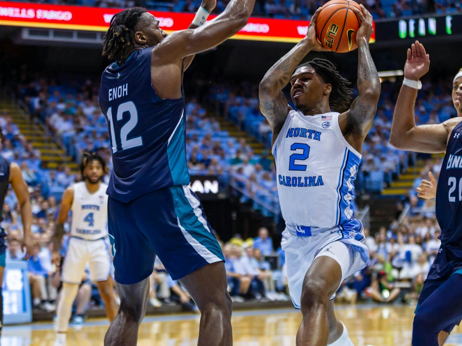 UNC junior guard Caleb Love (2) guards the ball during the men's basketball game against UNCW ain the Dean Smith Center on Monday, Nov. 7, 2022.