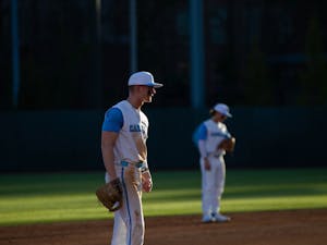 UNC junior infielder Mac Horvath (10) stands ready on the field during the baseball game against VCU at Boshamer Stadium on Tuesday, Feb. 28, 2023.