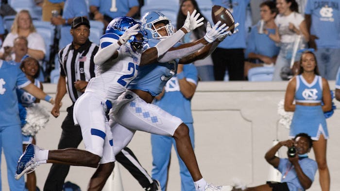 UNC senior wide receiver Antoine Green (3) scores a touchdown at the game against Georgia State on Sept. 11 at Kenan Stadium. UNC 59-17.
