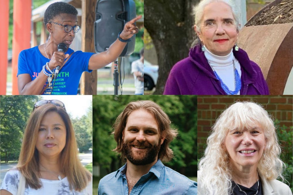 Clockwise from top left: Barbara Foushee, Jacquelyn Gist, Aja Kelleher, Danny Nowell and Randee Haven-O'Donnell are candidates for Carrboro Town Council. Photos by Helen McGinnis and courtesy of Jacquelyn Gist, Aja Kelleher, Danny Nowell and the Town of Carrboro.
