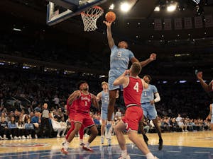 UNC senior Armando Bacot (5) takes a shot during the men's basketball game against Ohio State at Madison Square Garden on Saturday, Dec. 17, 2022. UNC beat Ohio State 89-84.