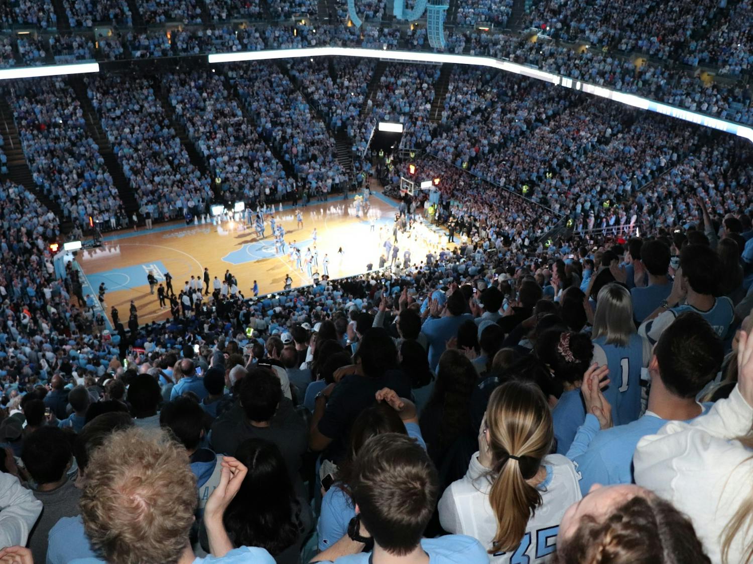 Students watch UNC basketball play Duke in the Smith Center on Saturday, Feb. 8, 2020. UNC lost to Duke in overtime 98-96.