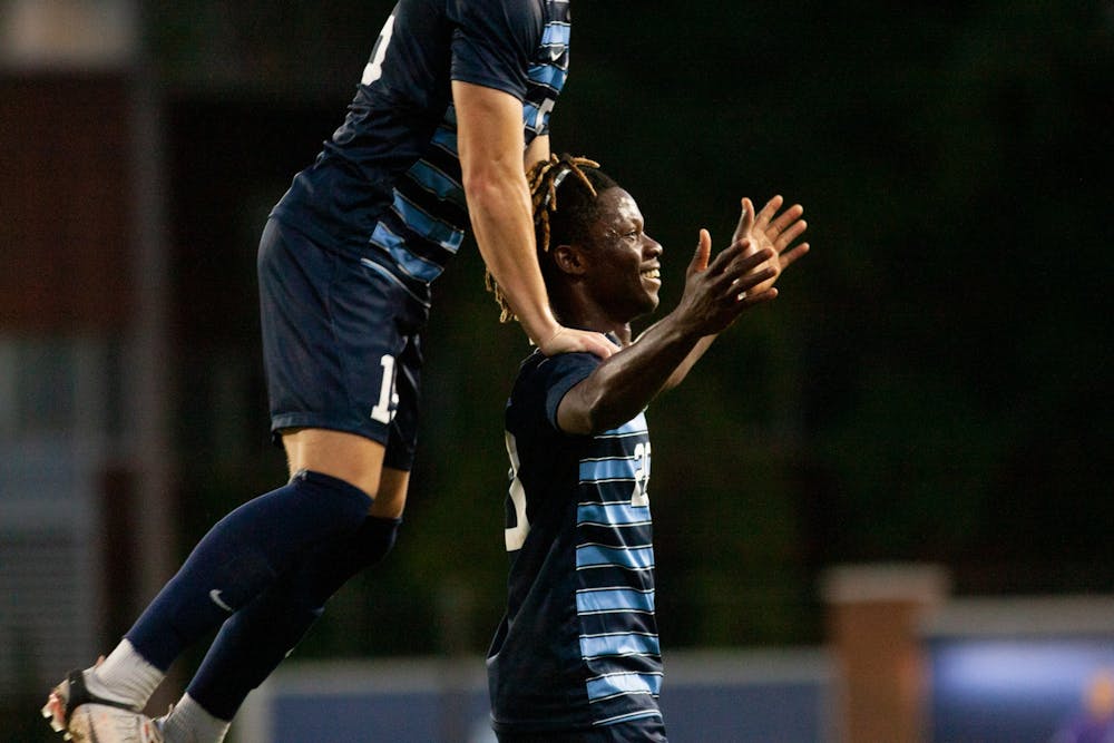 UNC sophomore midfielder/forward Ernest Bawa (20) celebrates after scoring a goal against Georgia Southern at Dorrance Field on Sept. 3. The Tar Heels won 3-0 against the Georgia Southern Eagles.