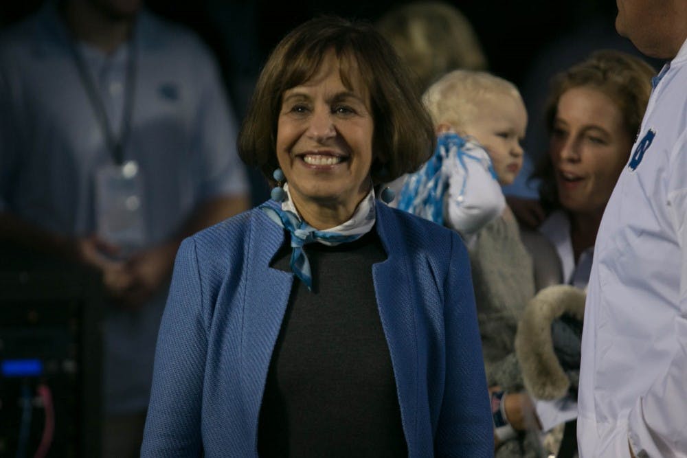 <p>Chancellor Carol Folt attends the UNC football game against Virginina Tech on Saturday, Oct. 13, 2018 in Kenan Memorial Stadium. Folt announced that she will be stepping down from her position as chancellor in an email sent to the University community on Monday, Jan. 14, 2018.</p>