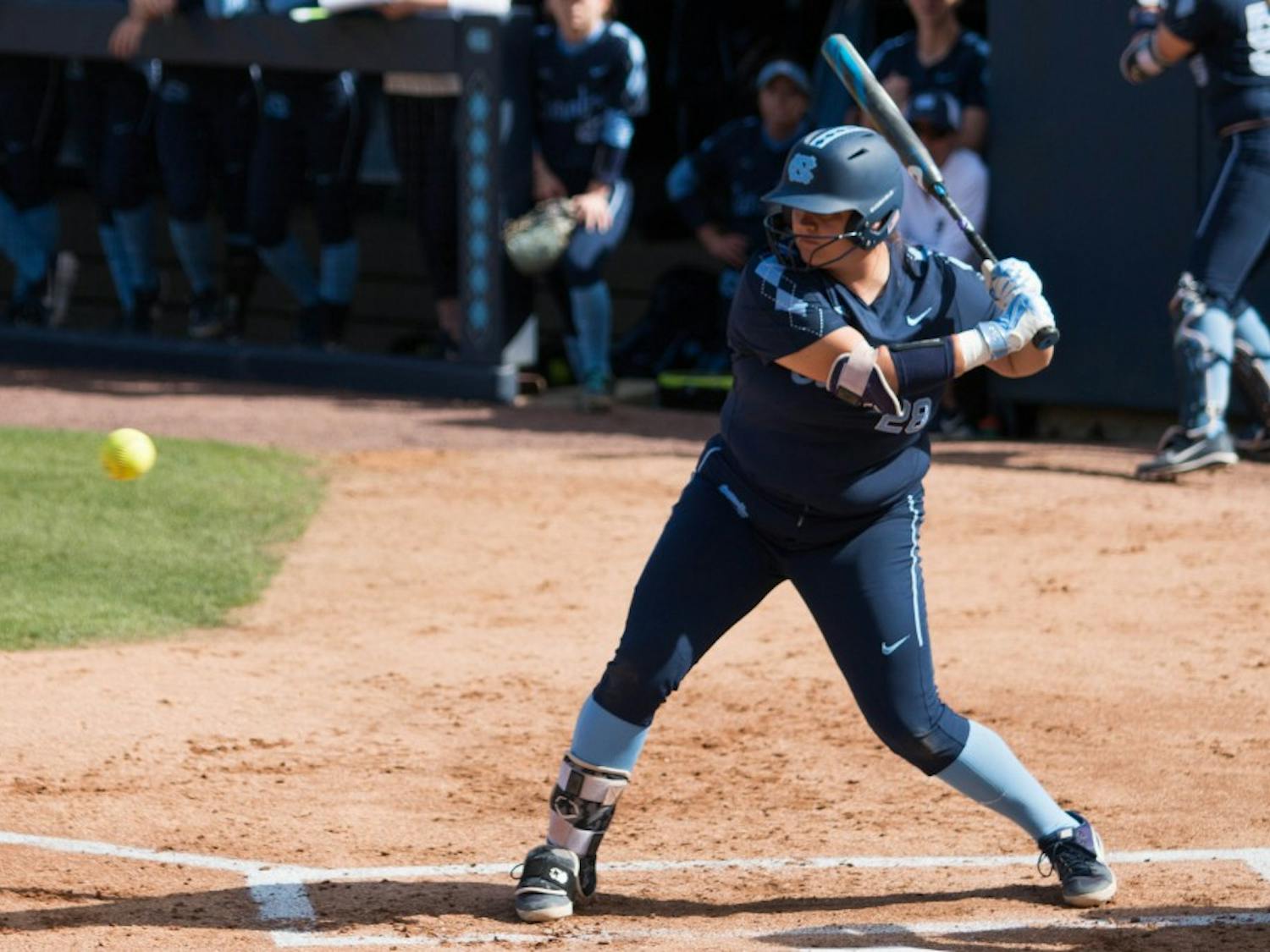 UNC junior pitcher Brittany Pickett (28) bats during a double header against the FSU Seminoles at G. Anderson Softball Stadium on Monday, April 15, 2019. The Tar Heels beat the Seminoles in both games.