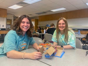 North Carolina Teaching Fellows Alexa Tomlinson and Jackie Stoehr participate in an activity to learn about using makerspaces in STEM classrooms on Thursday, April 13, 2023.
Photo Courtesy of Cheryl Bolick.