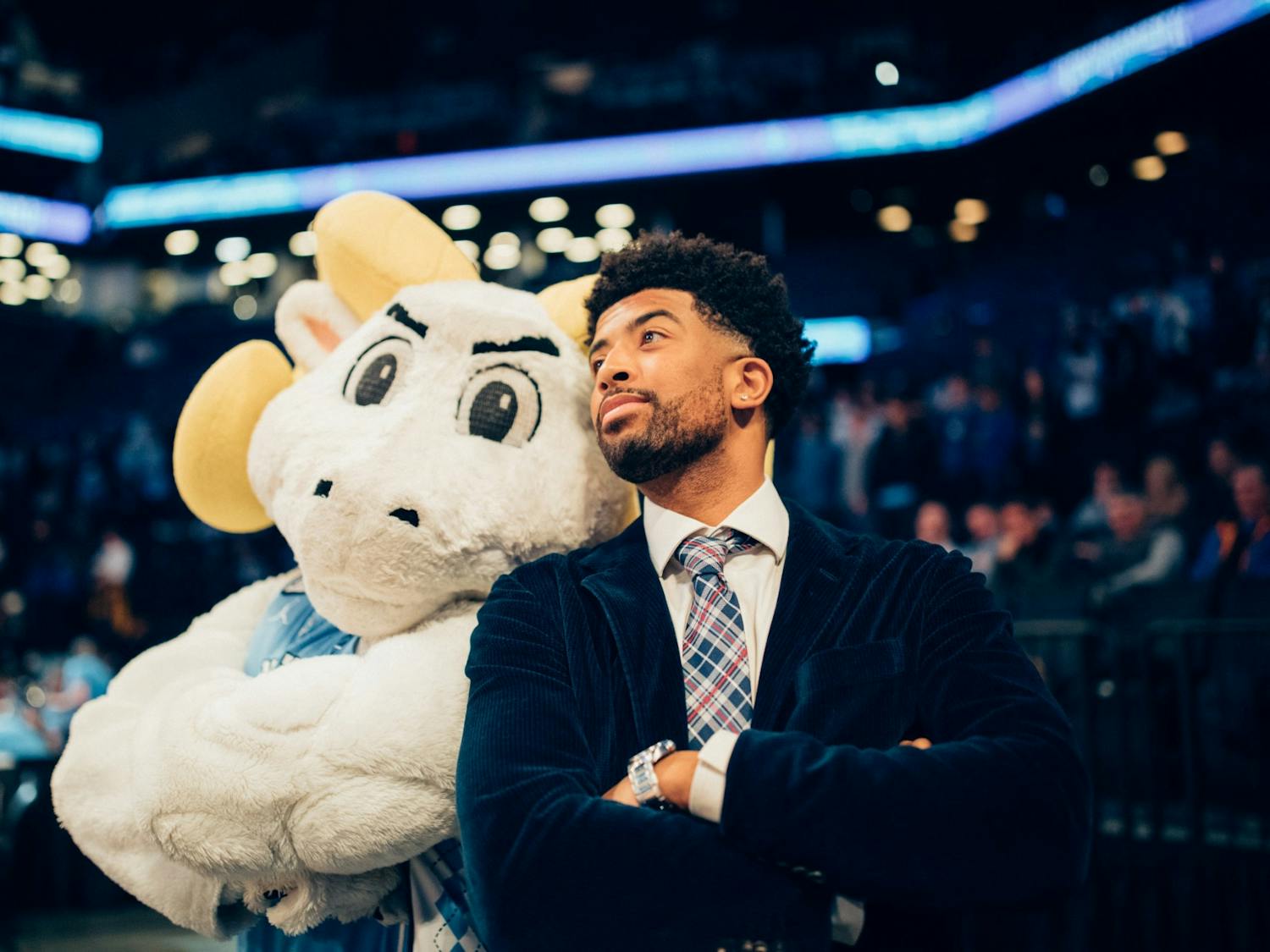 ACC Network Analyst and former Tar Heel KJ Smith poses with Rameses at the ACC Men's Basketball Tournament on March 11, 2022 at the Barclays Center. Photo courtesy of Jeff Armstrong.