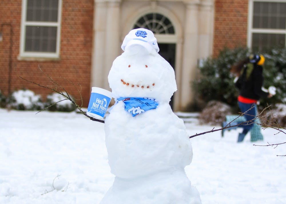 Snow cancelled classes again at UNC on Thursday. After sleet and freezing rain fell all Wednesday night, more snow fell on Thursday afternoon.  