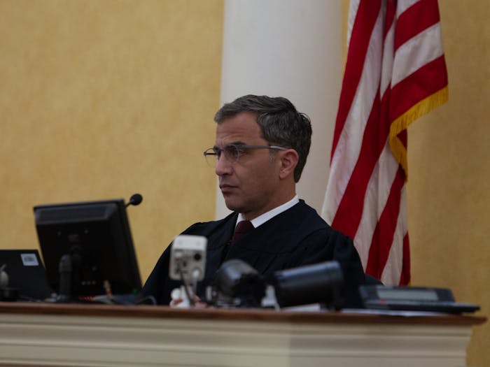 Judge Allen Baddour looks on as SCV lawyer Boyd Sturges speaks during the hearing on Wednesday. Feb. 12, 2020. Judge Baddour ruled to vacate the consent order and dismiss the lawsuit regarding Silent Sam.
